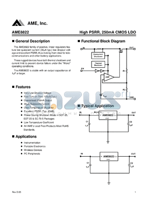 AME8822 datasheet - High PSRR, 250mA CMOS LDO