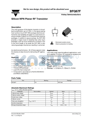 BFQ67F datasheet - Silicon NPN Planar RF Transistor