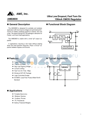 AME8830 datasheet - Ultra Low Dropout, Fast Turn On 150mA CMOS Regulator