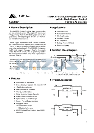AME8831AEEV330Z datasheet - 150mA Hi-PSRR, Low-Quiescent LDO with In-Rush Current Control For USB Application
