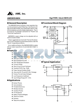 AME8833AEEV180Y datasheet - High PSRR, 150mA CMOS LDO