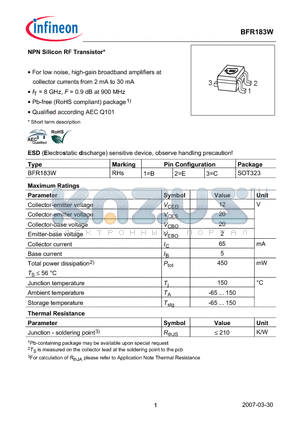 BFR183W_07 datasheet - NPN Silicon RF Transistor