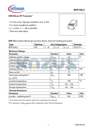 BFR193L3 datasheet - NPN Silicon RF Transistor