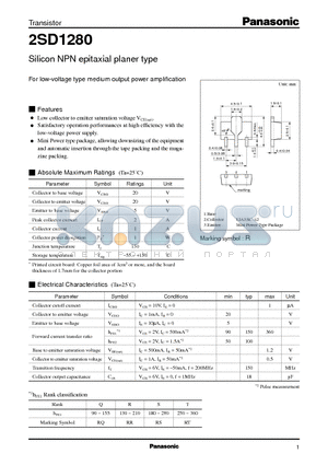 2SD1280 datasheet - Silicon NPN epitaxial planer type(For low-voltage type medium output power amplification)