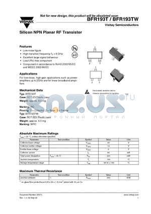 BFR193T datasheet - Silicon NPN Planar RF Transistor