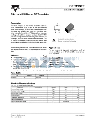 BFR193TF datasheet - Silicon NPN Planar RF Transistor