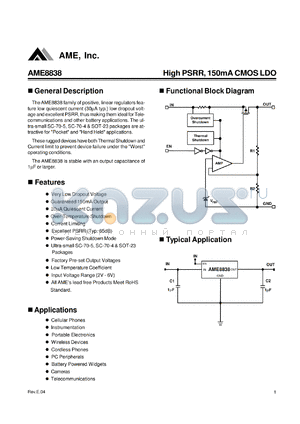 AME8838 datasheet - High PSRR, 150mA CMOS LDO