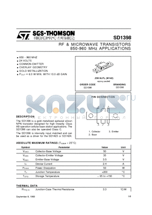 2SD1398 datasheet - RF & MICROWAVE TRANSISTORS 850-960 MHz APPLICATIONS