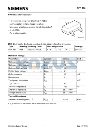 BFR280 datasheet - NPN Silicon RF Transistor (For low noise, low-power amplifiers in mobile communication systems)