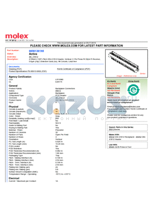 0850130165 datasheet - 2.54mm (.100) Pitch DIN 41612 Header, Vertical, C-Pin Press-Fit Style R Reverse, 0.6lm (24l) Selective Gold (Au), 96 Circuits, Lead free