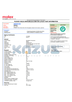 0850401055 datasheet - 2.54mm (.100) Pitch DIN 41612 Receptacle, Style B, 64 Circuits, Lead free