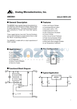 AME8841BEHA datasheet - 600mA CMOS LDO