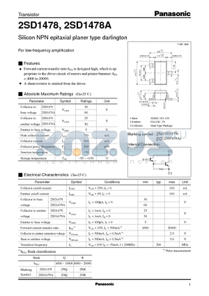 2SD1478 datasheet - Silicon NPN epitaxial planer type darlington(For low-frequency amplification)