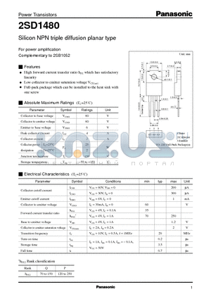 2SD1480 datasheet - Silicon NPN triple diffusion planar type(For power amplification)
