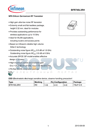 BFR740L3RH datasheet - NPN Silicon Germanium RF Transistor