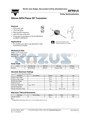 BFR91AGELB datasheet - Silicon NPN Planar RF Transistor