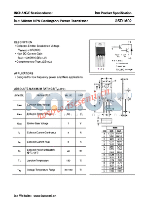 2SD1602 datasheet - isc Silicon NPN Darlington Power Transistor