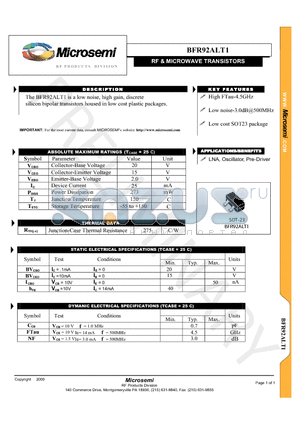 BFR92ALT1 datasheet - RF & MICROWAVE TRANSISTORS