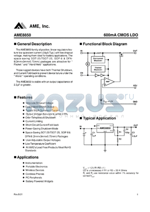 AME8850AEVAADJZ-3 datasheet - 600mA CMOS LDO