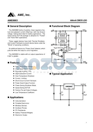 AME8863AEEY180 datasheet - 600mA CMOS LDO