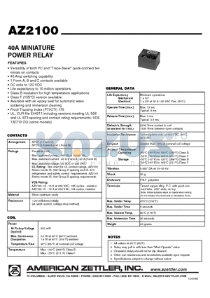 AZ2100-1A-15DE datasheet - 40A MINIATURE POWER RELAY