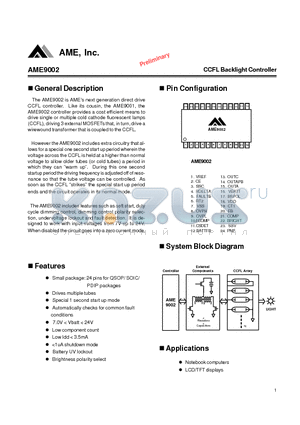 AME9002 datasheet - CCFL Backlight Controller