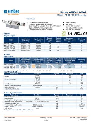 AMEC15-12DMAZ datasheet - 15 Watt | AC-DC / DC-DC Converter