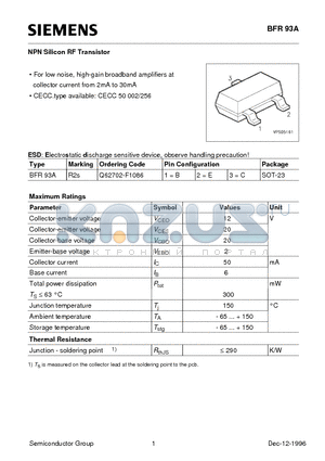BFR93A datasheet - NPN Silicon RF Transistor (For low noise, high-gain broadband amplifiers at collector current from 2mA to 30mA)