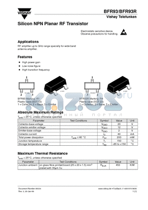 BFR93 datasheet - Silicon NPN Planar RF Transistor