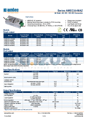 AMEC30-12DMAZ datasheet - 30 Watt | AC-DC / DC-DC Converter