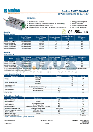 AMEC30-15DMAZ datasheet - 30 Watt | AC/DC Converter