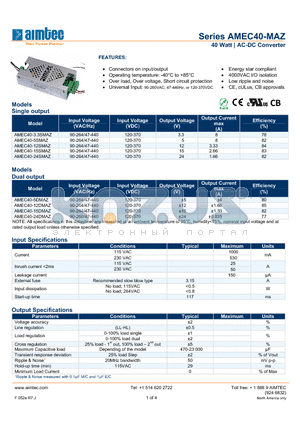 AMEC40-15DMAZ datasheet - 40 Watt | AC-DC Converter