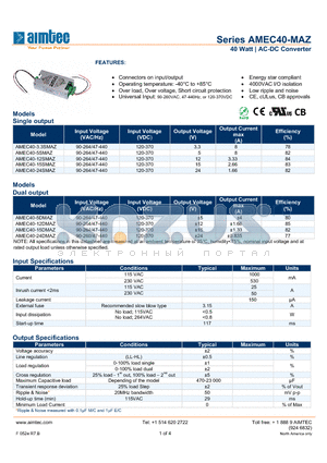 AMEC40-15SMAZ datasheet - 40 Watt | AC-DC Converter