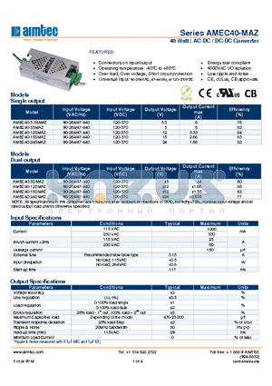 AMEC40-15SMAZ datasheet - 40 Watt | AC-DC / DC-DC Converter