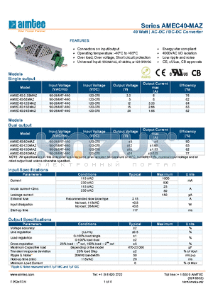AMEC40-MAZ_13 datasheet - 40 Watt | AC-DC / DC-DC Converter