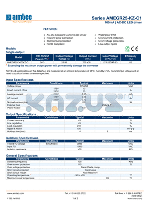 AMEGR25-3670KZ-C1 datasheet - 700mA | AC-DC LED driver