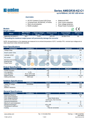 AMEGR30-30100KZ-C1 datasheet - up to1000mA | AC-DC LED driver