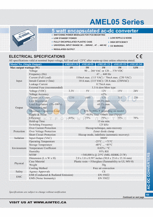 AMEL05-15S datasheet - 5 watt encapsulated ac-dc converter