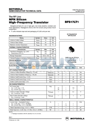 BFS17LT1 datasheet - RF TRANSISTOR NPN SILICON