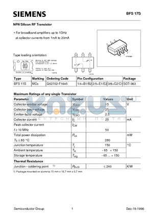 BFS17S datasheet - NPN Silicon RF Transistor (For broadband amplifiers up to 1GHz at collector currents from 1mA to 20mA)