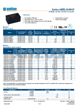 AMEL20-1524DMAZ datasheet - 20 Watt | AC-DC / DC-DC Converter