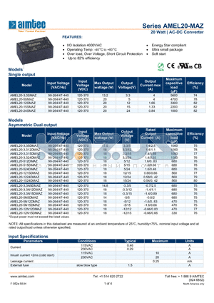 AMEL20-15SMAZ datasheet - 20 Watt | AC-DC Converter