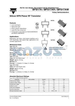 BFS17A datasheet - Silicon NPN Planar RF Transistor