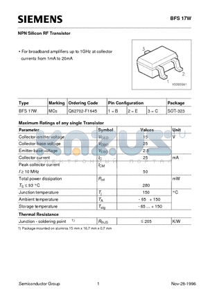 BFS17W datasheet - NPN Silicon RF Transistor (For broadband amplifiers up to 1GHz at collector currents from 1mA to 20mA)