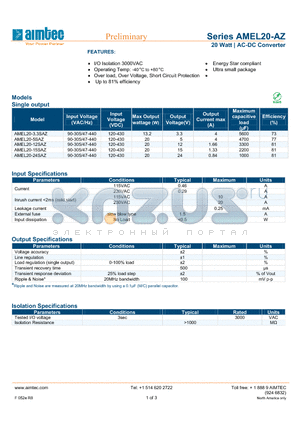 AMEL20-3.3SAZ datasheet - 20 Watt | AC-DC Converter