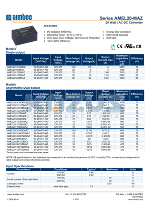 AMEL20-5N15DMAZ datasheet - 20 Watt | AC-DC Converter