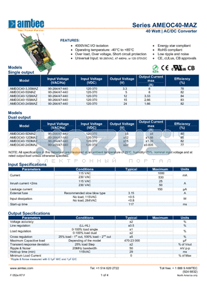 AMEOC40-15DMAZ datasheet - 40 Watt | AC/DC Converter