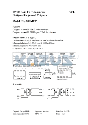 20PMT03 datasheet - 10/100 Base TX Transformer Designed for general Chipsets