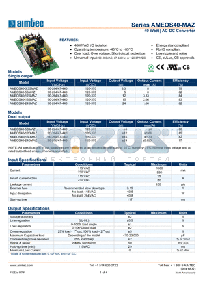 AMEOS40-MAZ datasheet - 40 Watt | AC-DC Converter