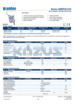 AMER4-KZ datasheet - up to 700mA | AC-DC LED driver